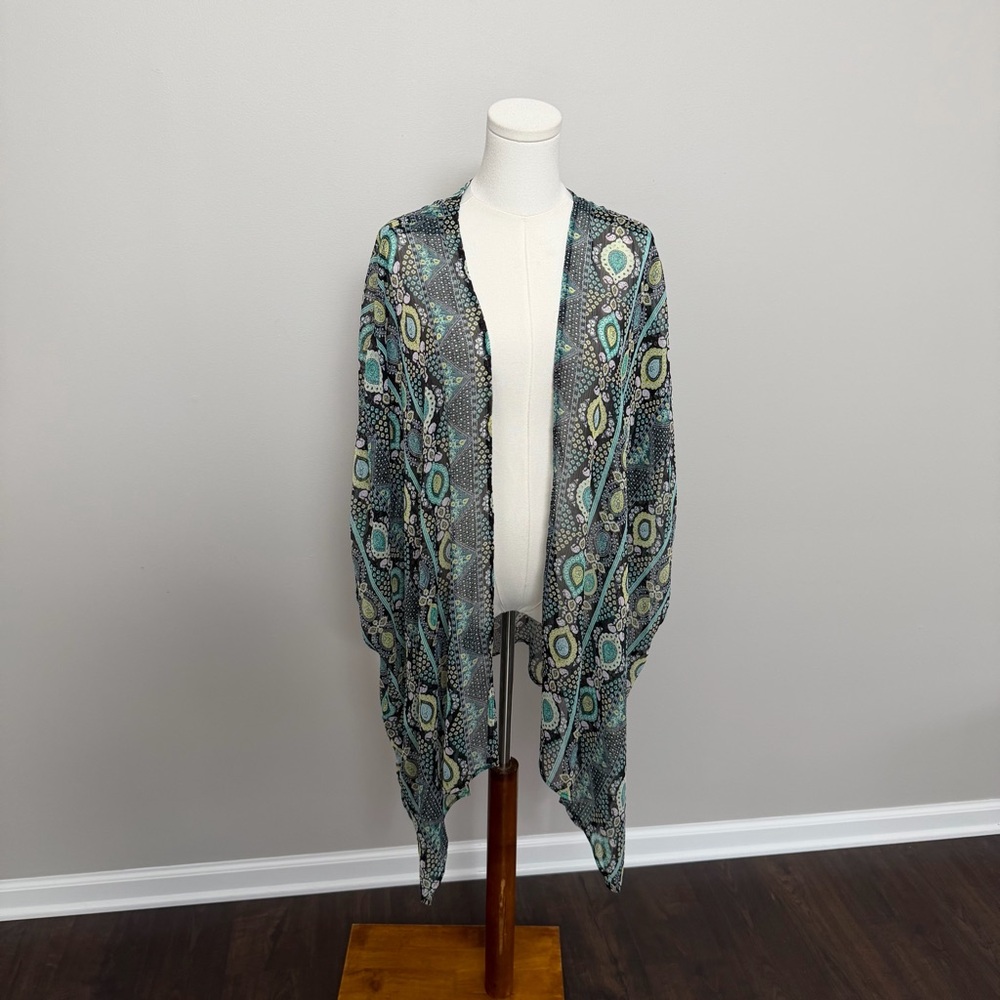 Lane Bryant Kimono Cardigan Coverup Art To Wear Travel Lightweight Black Green